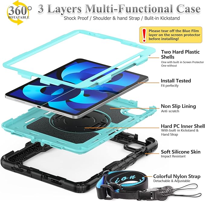 SEYMAC stock Case for iPad Air 5th/4th Generation/Pro 11 (4th/3rd/2nd) with Screen Protector Pen Holder, 360° Rotate Hand Strap/Stand Case for iPad Air 5th/4th Gen 10.9''/ Pro 11'' (Brightblue+Black)