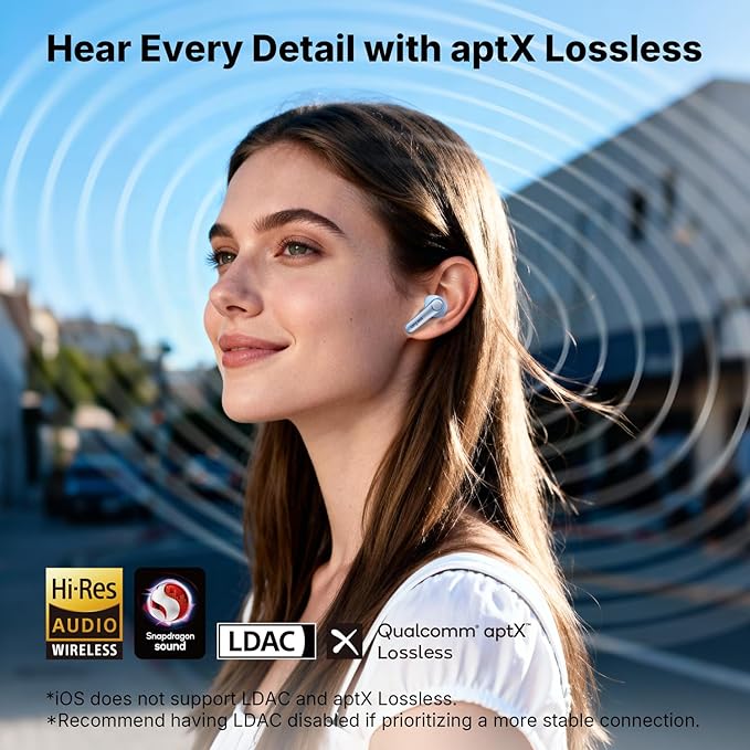 EarFun Air Pro 4+ Adaptive Noise Cancelling Wireless Earbuds, Qualcomm aptX Lossless, Dual Drivers, Translation Earbuds, Snapdragon Sound, 6 Mics AI Clear Call, Hi-Res Sound, Bluetooth 6.0, 54H, Blue