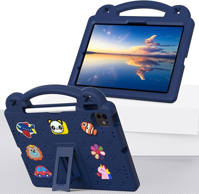 for Apple iPad Pro 11 Inch Kids Case (M5/M4) 2025/2024 with Pencil Holder/Kickstand/Handle Stand Lightweight Cute DIY Soft EVA Shockproof Rugged Silicone Girls Boys Cover, Navy Blue Bear