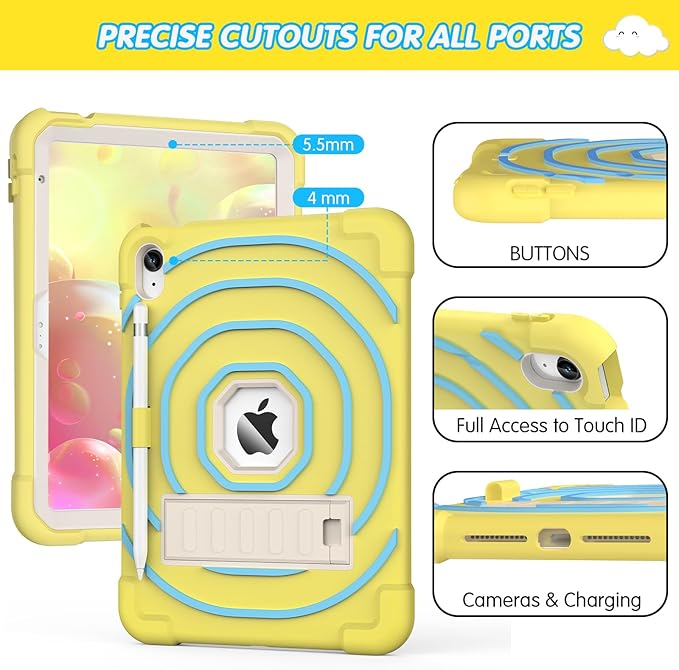 SIBEITU Kids Case for iPad (A16) 11-inch 2025/ 10th Generation 10.9-inch 2022, Shockproof Rugged Hybrid 3-Layer Protective Cover for iPad 11th/ 10th Gen with Stand & Pencil Holder (Yellow Blue)