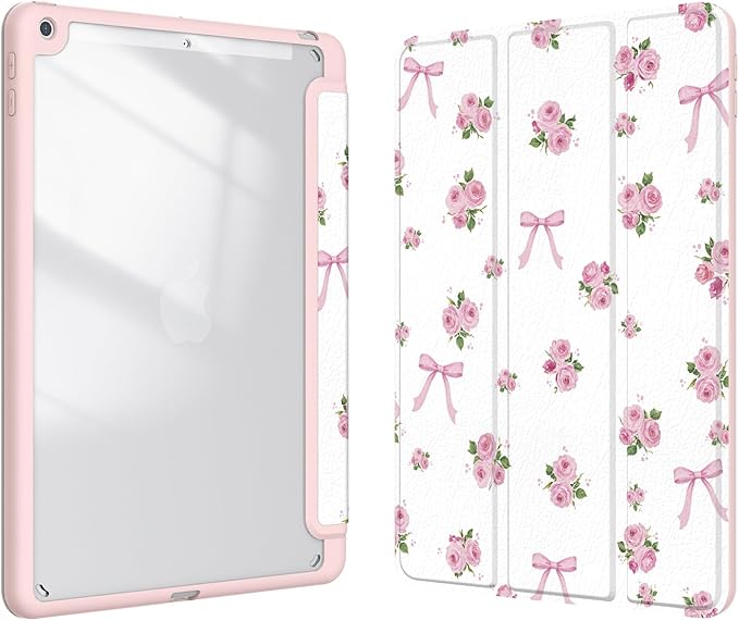 Case for iPad 9th / 8th / 7th Generation (2021/2020/2019) 10.2 inch, Case with Pencil Holder, Stand Clear Back Cover Cute Cool Design for Women Girls, Auto Sleep/Wake, Bow Rose