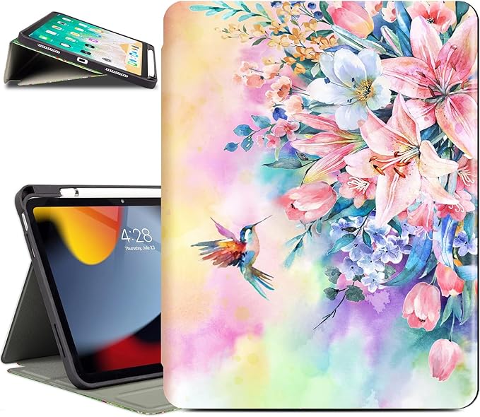 Vimorco for iPad A16 Case 11-inch 2025, for iPad (A16) 11th/10th Generation Case Pencil Holder, Typing Stand & 4 Viewing Angles, Faux Leather Slim Cover, Auto Sleep/Wake, Hummingbirds and Lilies