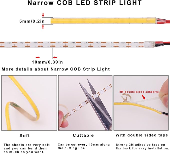 TOPAI 12V Thin 5mm COB LED Strip Light 3000K Warm White 16.4ft Bright 4000Lm CRI>90 Uniform Dotless 400LEDs/M Adhesive Flexible Cuttable LED Tape for DIY, Bedroom, Under Cabinet Lighting