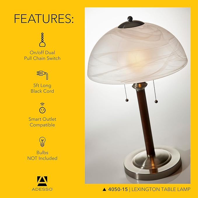 Adesso Table Lamp with Dual Pull Chains, Walnut Rubberwood Finish, Frosted Glass Shade – Bedside Table, Home Office Lighting, or Living Room Decor, 22.5” x 13.5”