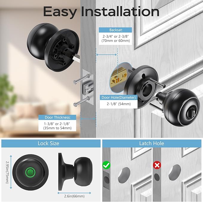 GeekTale Fingerprint Door Lock for Bedrooms, Fingerprint Door Knob with Lock, Smart Door Lock, App Control, Back-up Keys, Thumbprint Door Knob for Bedrooms, Office, Apartment