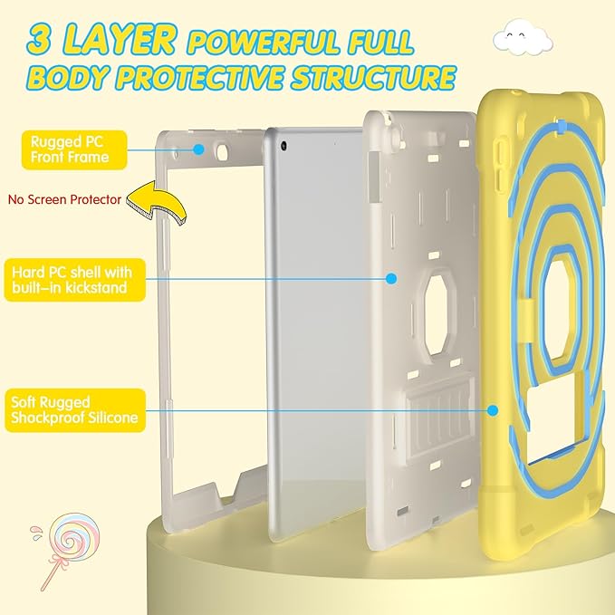 SIBEITU Kids Case for iPad 9th Generation/ 8th Gen/ 7th Gen with Pencil Holder & Stand, Fully-Body Hybrid Shockproof Rugged Drop Protective Cover for iPad 10.2 inch 2021/2020/2019 (Yellow Blue)