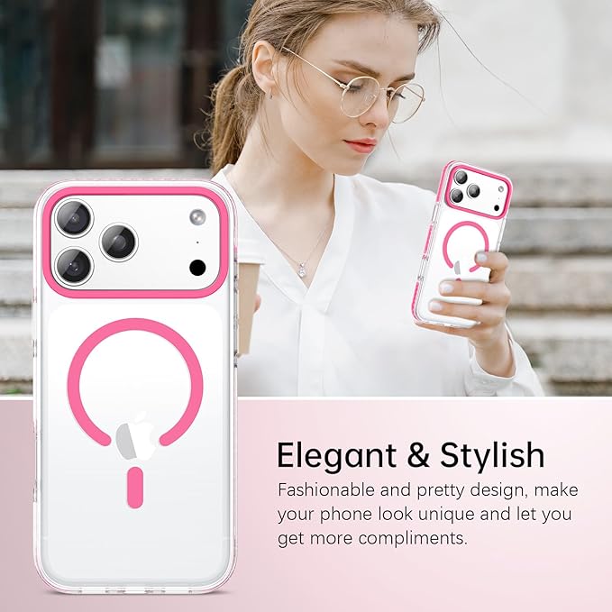 BENTOBEN Magnetic for iPhone 17 Pro Max 6.9" Case, Compatible with Magsafe Military Shockproof Protective Bumper Cute Transparent Slim Anti-Yellowing Case for iPhone 17 Pro Max Cover, Clear Hot Pink
