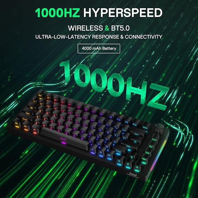 HINATSUSIKE H83 Pro 75 Percent Wireless Mechanical Keyboard for Gaming, Hot-Swappable with Knob, RGB Backlit, Pre-Lubed Cardamom Linear Switches, Side-Printed PBT Keycaps, 2.4G/BT5.0/USB-C Black