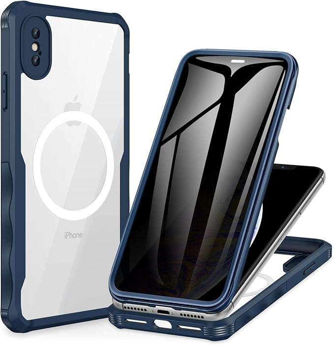 CENHUFO Privacy Magnetic for iPhone Xs Max Case, Full Body Phone Case Built-in 9H Tempered Glass Privacy Screen Protector [Compatible with Magsafe] Shockproof Protective Bumper Clear Cover - Blue