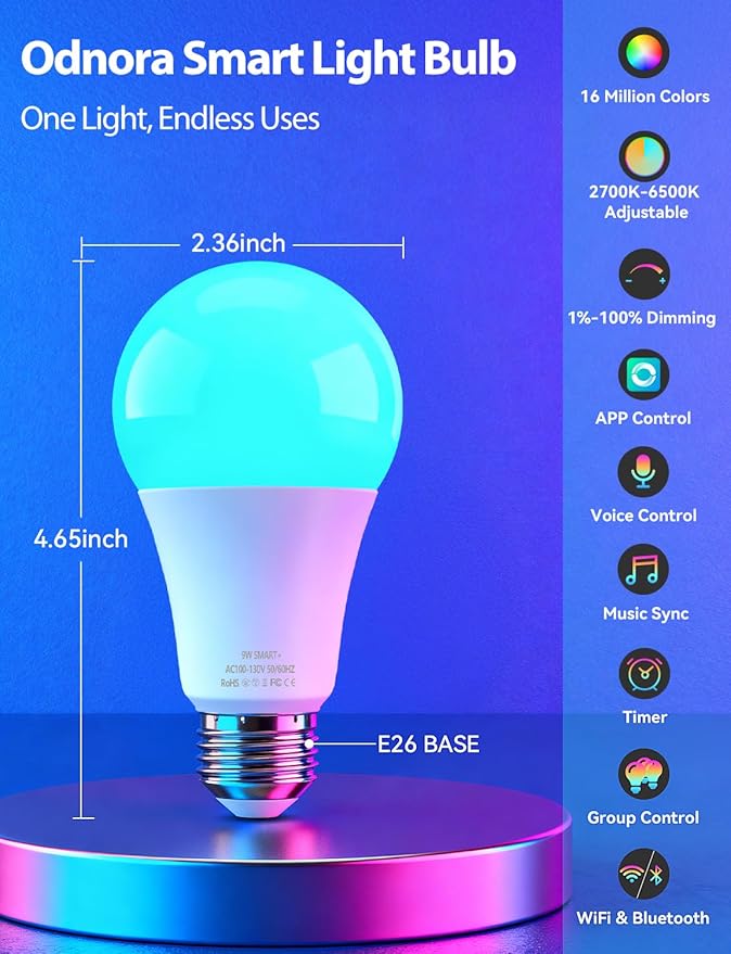 Smart Light Bulbs, Color Changing Light Bulb, Work with Alexa & Google Assistant, RGBWW A19 LED Light Bulbs Dimmable, 2.4GHz WiFi Bluetooth Light Bulb 60W Equivalent, Music Sync, 800LM, 4 Packs