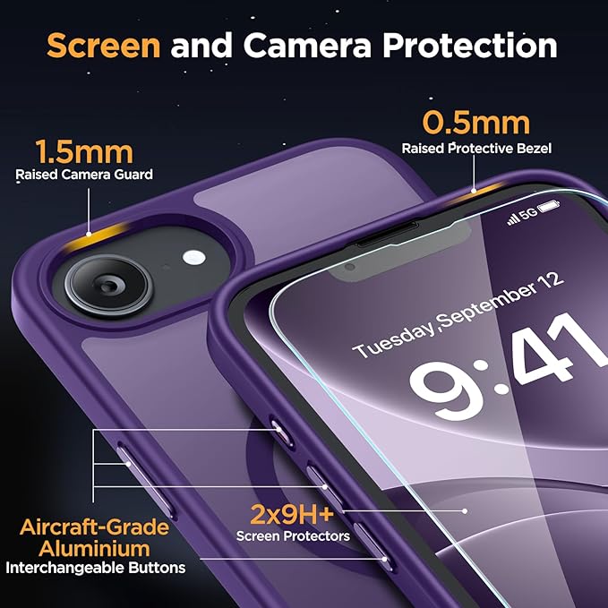 Miracase for iPhone 16e case & iPhone 17e Case for MagSafe [with 2×9H+ Screen Protectors] TOP Military-Grade Protection Shockproof with Velvet Touch for iPhone 16e/17e Phone Case 6.1", Dark Purple