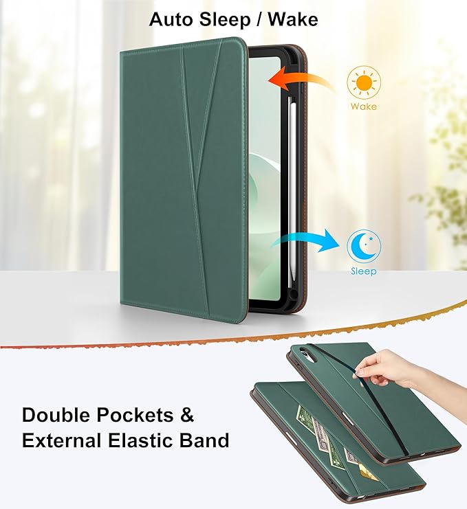 DTTO for iPad Air 11 inch Case M4 / M3 / M2 (2026/2025/2024), iPad Air 5th / 4th Gen (2022/2020), 360 Degree Rotating Premium Leather Folio Stand Cover with Pencil Holder, New Midnight Green