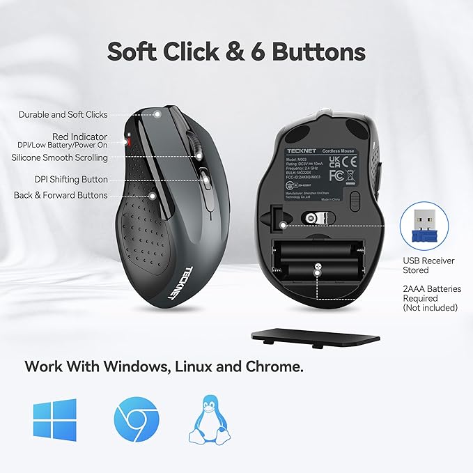 TECKNET Wireless Mouse, 2.4G Ergonomic Optical Mouse, Computer Mouse for Laptop, PC, Computer, Chromebook, Notebook, 6 Buttons, 24 Months Battery Life, 2600 DPI, 5 Adjustment Levels - Grey