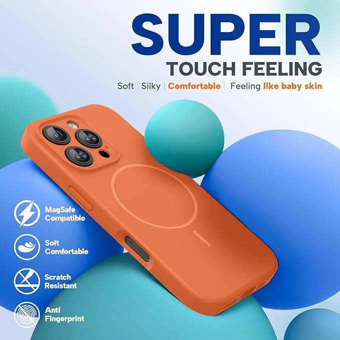 Miracase Magnetic for iPhone 16 Pro Case, [Soft Anti-Scratch Microfiber Lining], Compatible with MagSafe, Liquid Silicone Case Shockproof Drop Protection Phone Case for 16 Pro,Orange