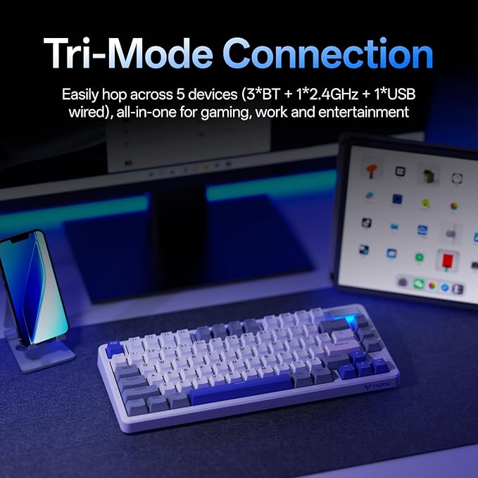 Rapoo V700DIY-75 Wireless Mechanical Keyboard, BT5.0 + 2.4GHz, Hot Swappable Custom Gaming Keyboard, Speed Silver Linear Switch, 16.8M Per-Key RGB, Gasket Mount, Creamy Sound, Full NKRO Anti-Ghosting