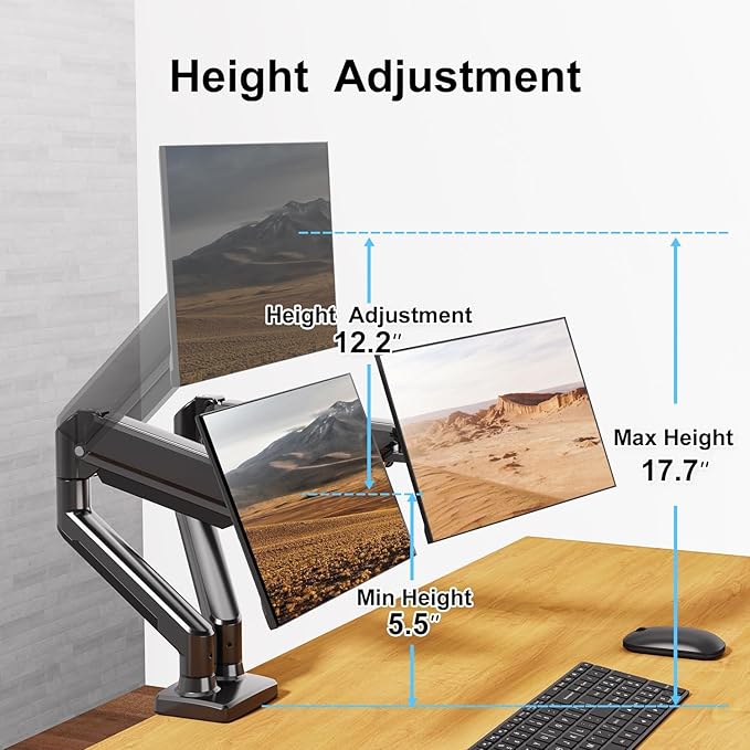Dual Monitor Mount Fits 13 to 32 Inch Computer Screen, Dual Monitor Arm Hold 4.4-19.8lbs Each, Full Motion Monitor Desk Mounts for 2 Monitors, Gas Spring Monitor Stand, VESA Mount