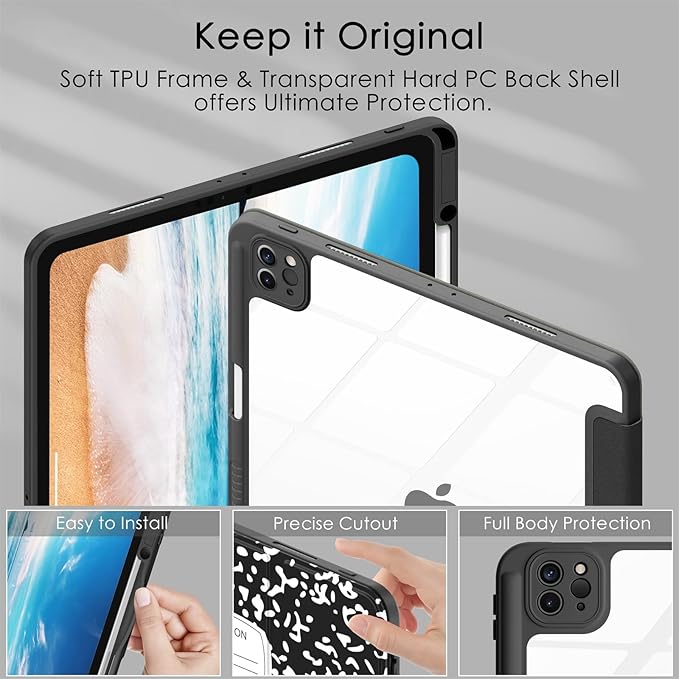 Soke Case for iPad Pro 12.9 Inch (6th/5th/4th/3rd Generation, 2022/2021/2020/2018) - Pencil Holder + Auto Sleep/Wake + Camera Protection, Transparent Shockproof Back Cover, Book Black