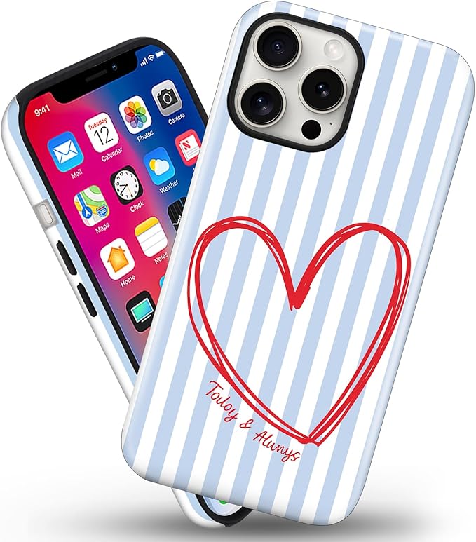 Magnetic for iPhone 15 Plus Case Cute Blue Heart Stripes Phone Case, Love Shockproof Slim TPU and Hard PC Protective Phone Cover Compatible with MagSafe Designed for Women Girls