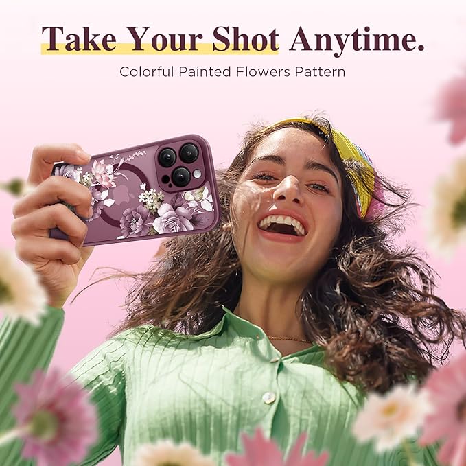 GVIEWIN for iPhone 16 Pro Case Compatible with MagSafe, [Military Grade Protection] [Screen Protector] Full Camera Protection Floral Translucent Women Magnetic Phone Case, Cherry Blossoms/Burgundy