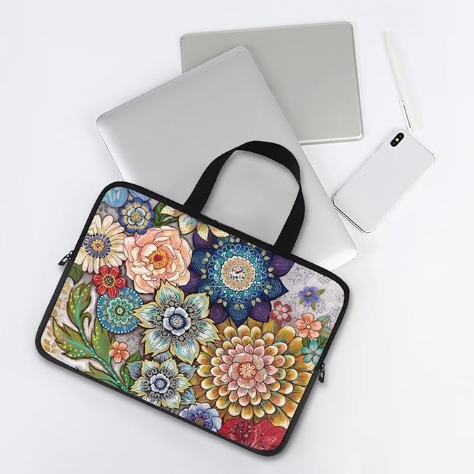 12 Inch Boho Flowers Laptop Sleeve for Women Girl, Slim Water Resistant Computer Carrying Case with Handle, Durable Protective Laptop Tote Bag Cover Compatible with Tablet/Notebook/Reader