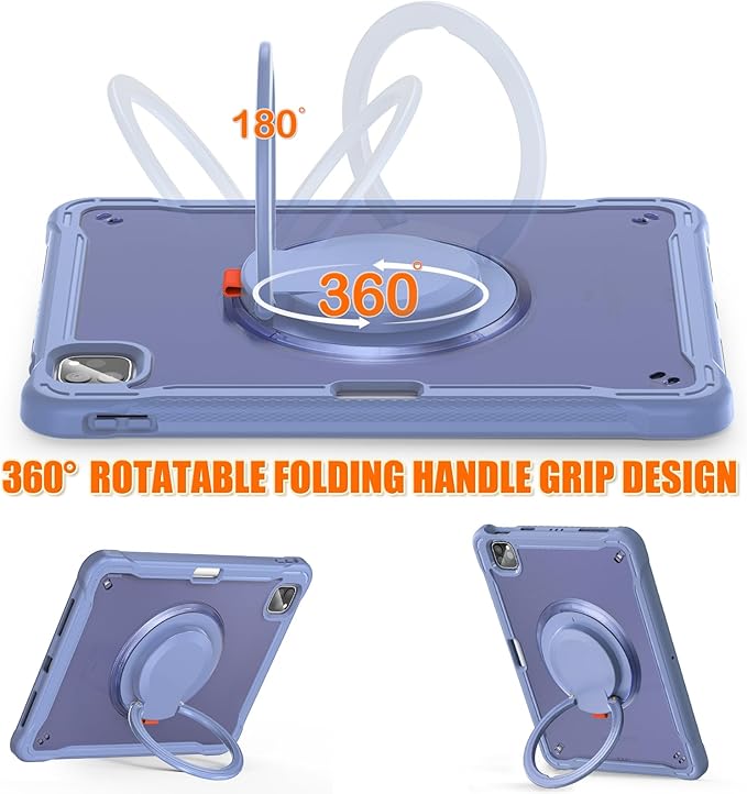 Batianda Ultimate Protective Case for iPad Pro 11-inch 2022 4th M2 Chip /2021 (3rd Generation) Rugged Shockproof Tablet Cover with 360° Rotatable Kickstand & Shoulder Strap & Pencil Holder, Lavender
