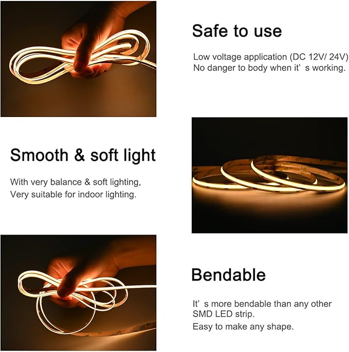 COB LED Strip Lights DC 12V LED Lights Flexible Super Bright LED Strips, 5Pack 16.4FT 3000K Warm White CRI 90+, 480LEDs/m High Density Uniform Light fo Home Room Decor (No Adapter or Controller)
