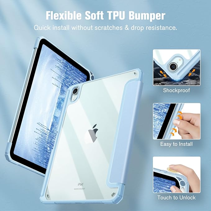 Fintie Hybrid Slim Case for iPad Mini 7 (A17 Pro, 7th Generation) 2024 / iPad Mini 6 (6th Gen) 8.3 Inch, [Built-in Pencil Holder] Shockproof Cover Clear Transparent Back Shell, Blue