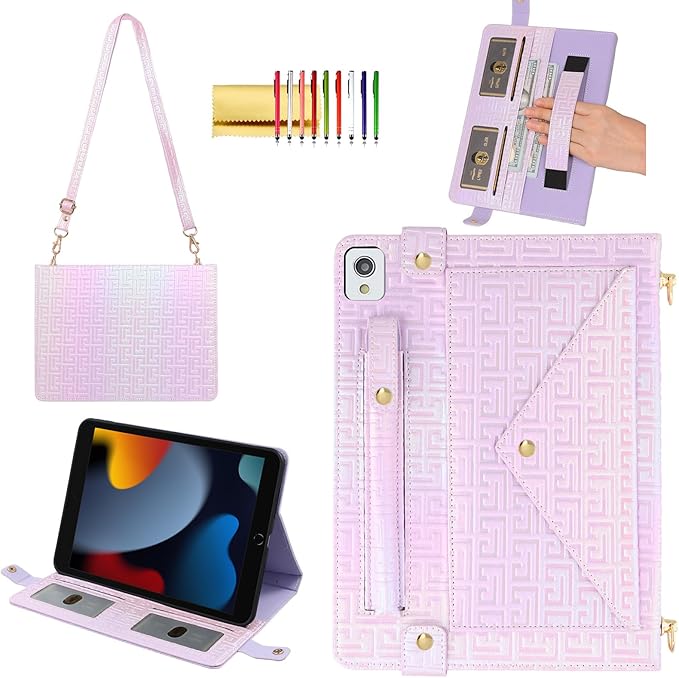 Shiny Case for iPad 9th 8th 7th Gen 10.2"/iPad Air 2019/iPad Pro 10.5, Techcircle Crossbody Iridescent Folio Stand Wallet Case with Pencil Holder+Card Slots+Hand Strap+Shoulder Strap, Shiny Lilac