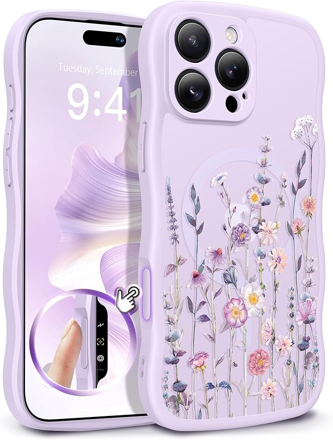 GVIEWIN for iPhone 16 Pro Max Case Compatible with MagSafe [Curly Wave Edge][Full Camera Protection] Floral Translucent Shockproof Magnetic Women Phone Case for 16 Pro Max, Floratopia/Purple