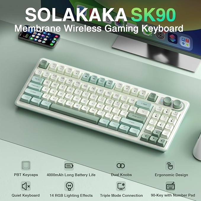 CORBOBO SOLAKAKA SK90-75% Wireless Keyboard, Cute Creamy Gaming Keyboard with Number Pad, Tri-Mode BT5.0/2.4G/USB-C, Media Knob, RGB Backlit, Quiet Keys Silent Office Keyboards for PC MAC