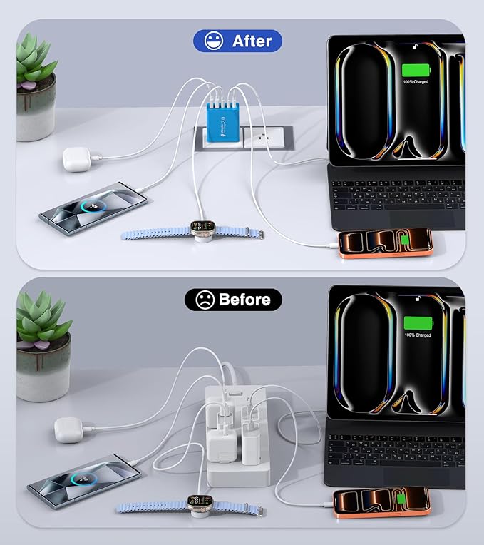[50W/2Pack] Wall Charger, USB C Charger Block, 5-Port PD + QC 3.0 Fast Charging Power Plug Adapter Brick for Watch Series 10 9 8 7, for iPhone 17 16 15 14 13 Pro Max Airpod, Samsung Galaxy S25(Blue)