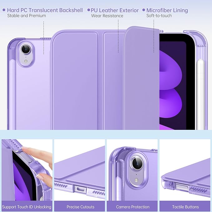 MoKo for iPad mini 7 A17 Pro Case 2024, iPad mini 6th Generation Case 8.3 Inch 2021 with Pencil Holder, Slim Light Trifold Smart Protective Cover with Hard PC Translucent Back Shell, Lilac