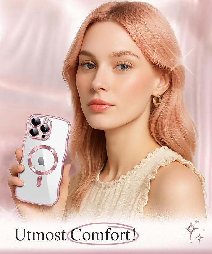 GVIEWIN for iPhone 16 Pro Max Case Compatible with MagSafe, Upgraded [Full Camera Protection][Cute Wave Frame][Military Grade Protection] Electroplated Soft Phone Cover for Women Girl, Clear/Pink