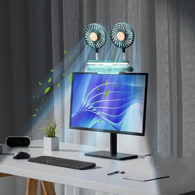 Energy-saving small fan with amp Light Bar Two-Head Personal Cooling Quiet USB Fan Flip-Open light, Level 3 brightness 3 Wind Speed for Working/Self Broadcasting (Forest Green)