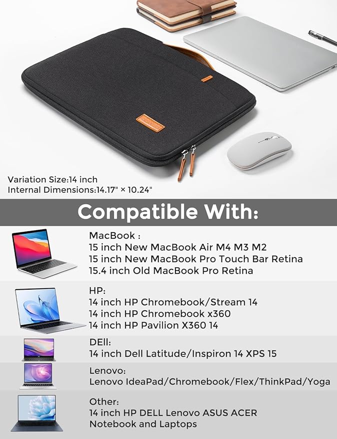 DOMISO 14 inch Laptop Case Sleeve Protective Cover Compatible with 15 inch MacBook Air M4 M3 M2,MacBook Pro,14-15 inch HP Dell ASUS Lenovo Chromebook,Waterproof Computer Cases Bag with Handle,Black