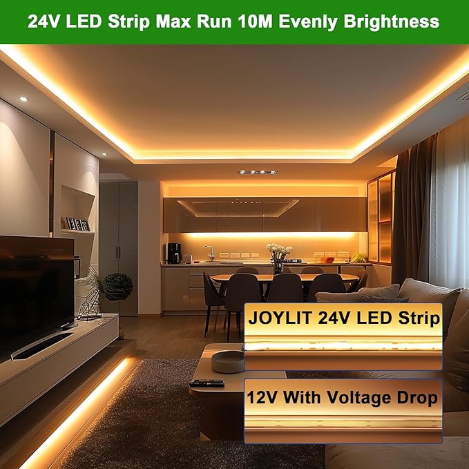 JOYLIT 24V 32.8FT/10M COB LED Strip Lights 120° 2700K Warm White Indoor 384LEDs/M High Density 7650LM Super Bright CRI 90+ Dotless Adhesive LED Tape Light for Bedroom, Kitchen, Commercial