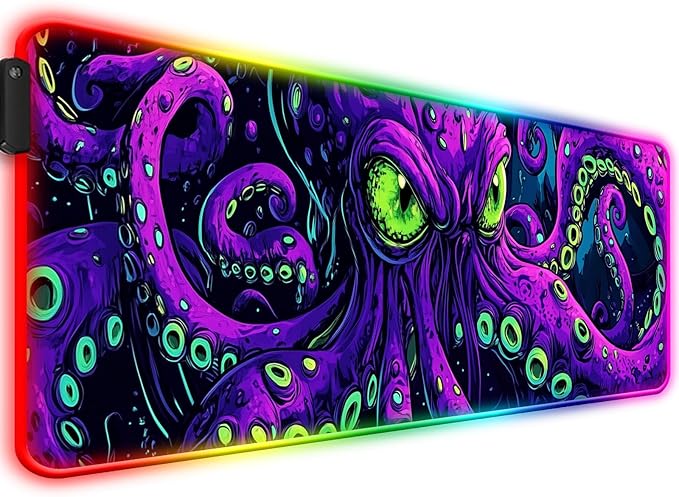RGB Octopus Monster Gaming Desk Mat, Computer Keyboard Large Extended Cool Neon Animal LED Mouse Pad for Office and Home, 31.5×11.8 Inches, XL