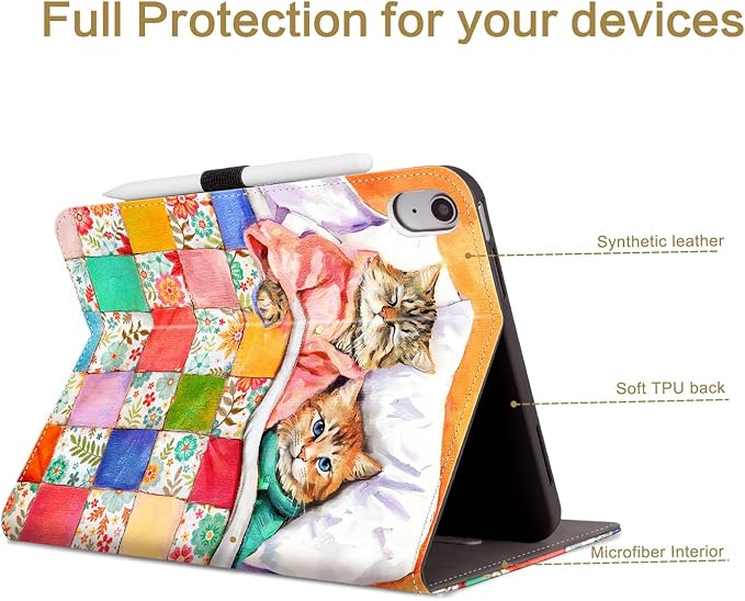Vimorco Case for iPad (A16) 11th Generation 2025, for iPad 11th/10th Generation Case, Pencil Holder/Hand Strap/Pocket, Multiple Stand Protector PU Leather Shell Cover, Auto Wake/Sleep, Sleeping Cat