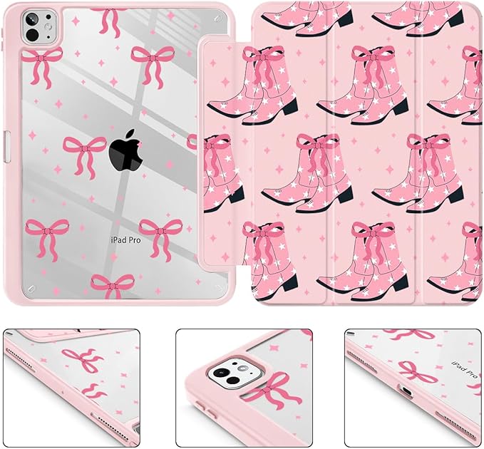 May Chen for iPad Pro 13 Inch Case M5 2025 / M4 2024, Built Pencil Holder & Clear Transparent Print Back Shell Slim Stand Shockproof Tablet Cover, Auto Wake/Sleep, Pink Boots Bows