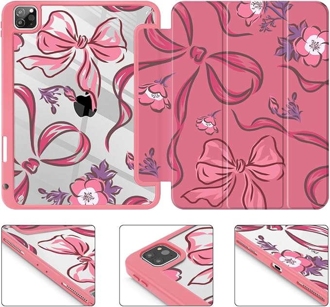 Mektron Case for iPad Pro 11 inch (4th, 3rd, 2nd & 1st Gen) 2022 2021 2020 2018, Buit in Pencil Holder with Shockproof Cover Clear Shell + Auto Wake/Sleep, Flowers-Bows-Red