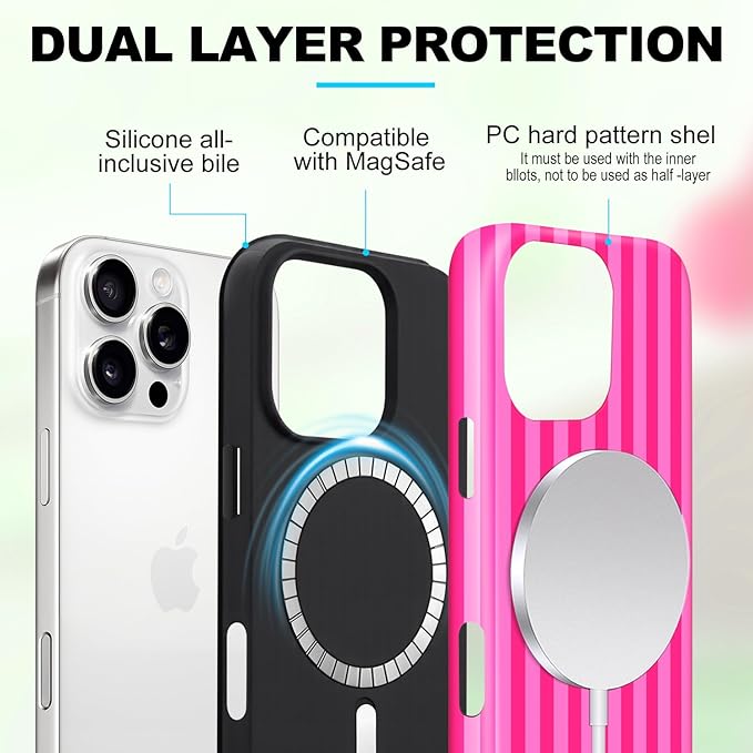 Magnetic for iPhone 16 Pro Max Case Cute Stripes Phone Case, Shockproof Slim TPU and Hard PC Protective Phone Cover Compatible with MagSafe Designed for Women Girls, Deep Pink