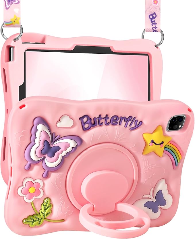 Kidcube for iPad Air 11 Inch Case M3 2025 & M2 2024, Pro 11'' 4th/3rd/2nd/1st, Air 5th/4th Generation Case - Girls Cute Girly Kawaii 3D Butterfly Design with Rotating Stand & Strap Silicone Teen Cover