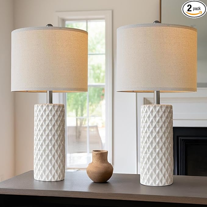 USumkky 26" Tall Table Lamp for Living Room -Vintage White Lamps Set of 2 Modern Ceramic Lamps for Night Stands, Bedside Lamp for End Tables, Nightstand Lamps for Bedroom