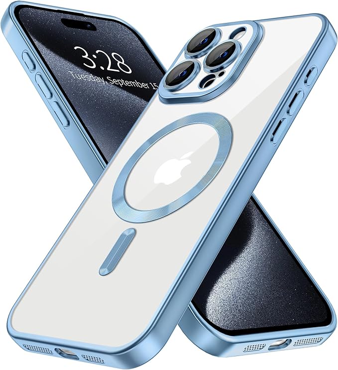 Hython Magnetic Clear for iPhone 15 Pro Case with Camera Lens Protector [Compatible with MagSafe] Luxury Plating Edge Slim Soft TPU Cover Protective Phone Case for iPhone 15 Pro, Matte Light Blue