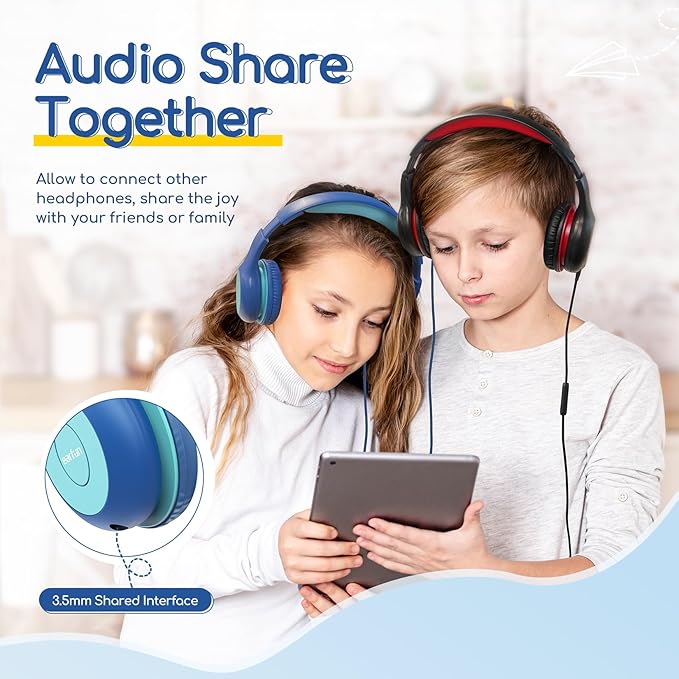EarFun Kids Headphones Wired with Microphone, USB Type C Headphones for Kids, 85/94dB Volume Limit, Portable Wired Headphone with Shareport, Stereo Sound Foldable Headset for School/Tablet/PC, Blue