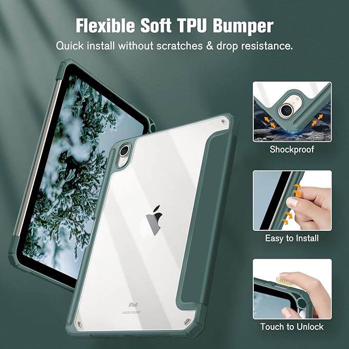 Fintie Hybrid Slim Case for iPad Mini 7 (A17 Pro, 7th Generation) 2024 / iPad Mini 6 (6th Gen) 8.3 Inch, [Built-in Pencil Holder] Shockproof Cover Clear Transparent Back Shell, Midnight Green