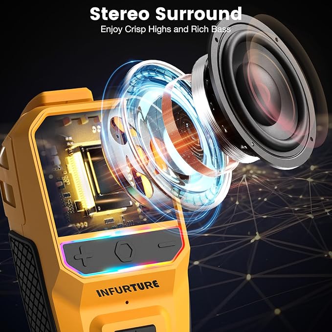 INFURTURE Clip on Bluetooth Speaker with RGB/Flashlight, Wearable Waterproof Shower Speaker Bathroom Speakers Built-in Noise Reduction Mic for Hands-Free Music/Calls-for Work/Riding/Golf/Outdoor