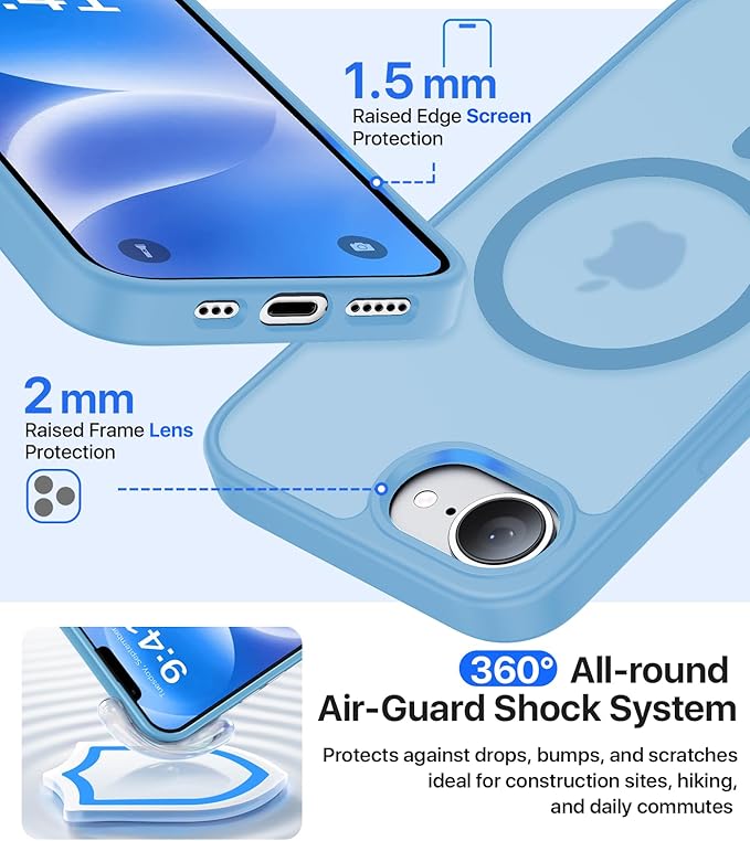 Eastinbox Magnetic Shockproof for iPhone 17e & iPhone 16e Case [Compatible with MagSafe] [Military-Grade Protection] Anti-Yellowing, Matte Protective Phone Case for iPhone 17 e/16 e 6.1", Light Blue