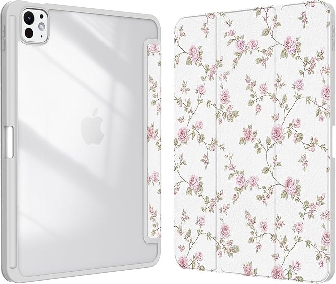 Case for iPad Pro 11-Inch M5/M4 2025/2024 (6th/5th Generation), Case with Pencil Holder, Clear Back Cover Cute Cool Design for Women Girls, Auto Sleep/Wake, Pink Flower