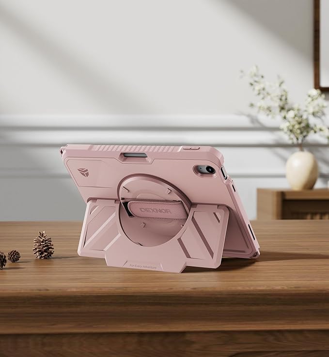 Dexnor Case for iPad (A16) 11th/10th Generation 2025/2022 (11″/10.9″),Rugged Protective Case with 360° Rotating Hand Strap& Stand & Screen Protector & Pencil Holder Shockproof Full-Body Cover, Pink